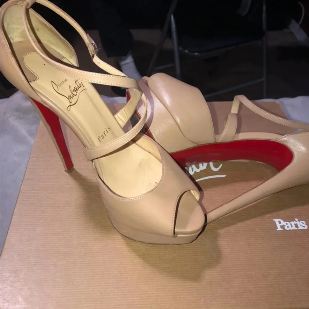 Christian Louboutin Nude Beige Platform Peep-Toe Ankle Strap Pumps